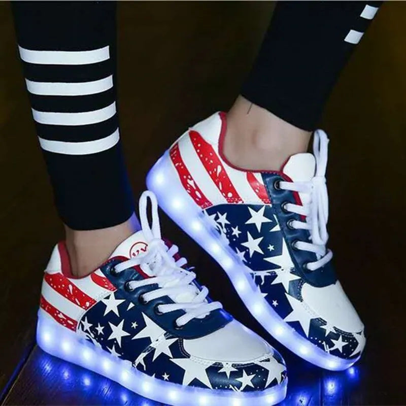 Patriotic Flag Shoes for Men Women Sneakers USA America Fashion LED Unisex Light up Luminous Flashing USB Charging Lace Up