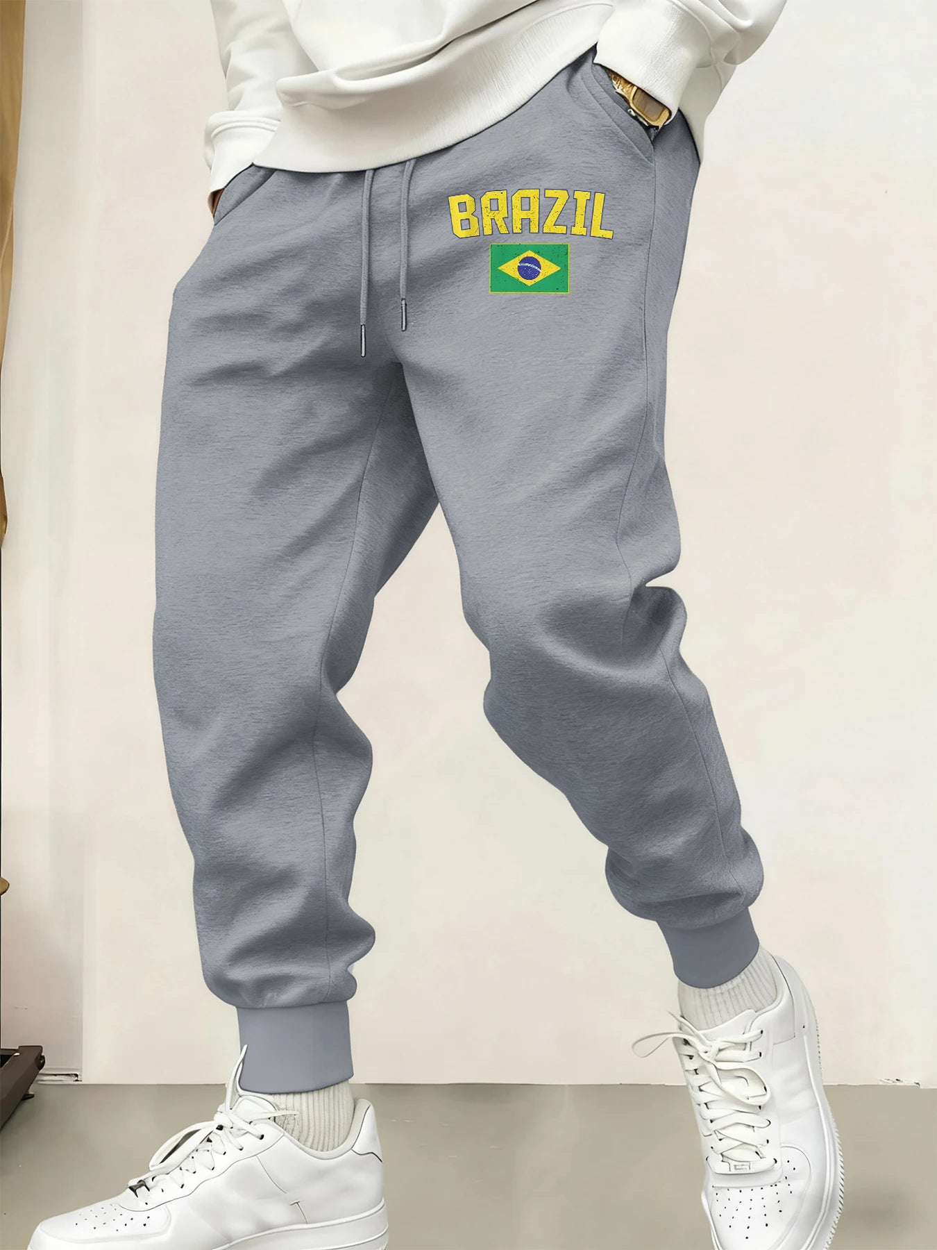 Brazil Letter and Flag Print Men Casual Jogging Pants Fleece Pocket Britches Autumn Fashion Sweatpants Warm Street Trousers