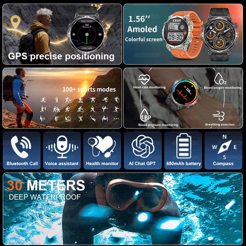 2026 New Outdoor Sports Smartwatch Men GPS Positioning 650Mah HD Call 1.56-Inch AMOLED Screen Compass 5ATM Waterproof Watch Man