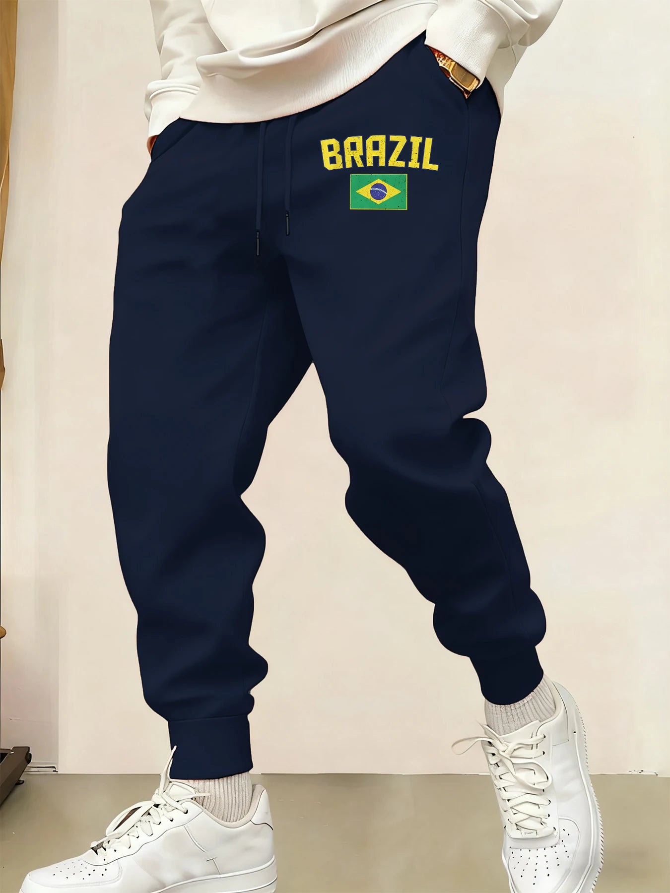 Brazil Letter and Flag Print Men Casual Jogging Pants Fleece Pocket Britches Autumn Fashion Sweatpants Warm Street Trousers
