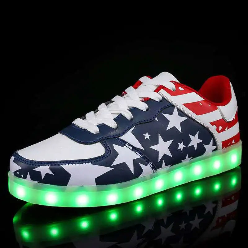 Patriotic Flag Shoes for Men Women Sneakers USA America Fashion LED Unisex Light up Luminous Flashing USB Charging Lace Up