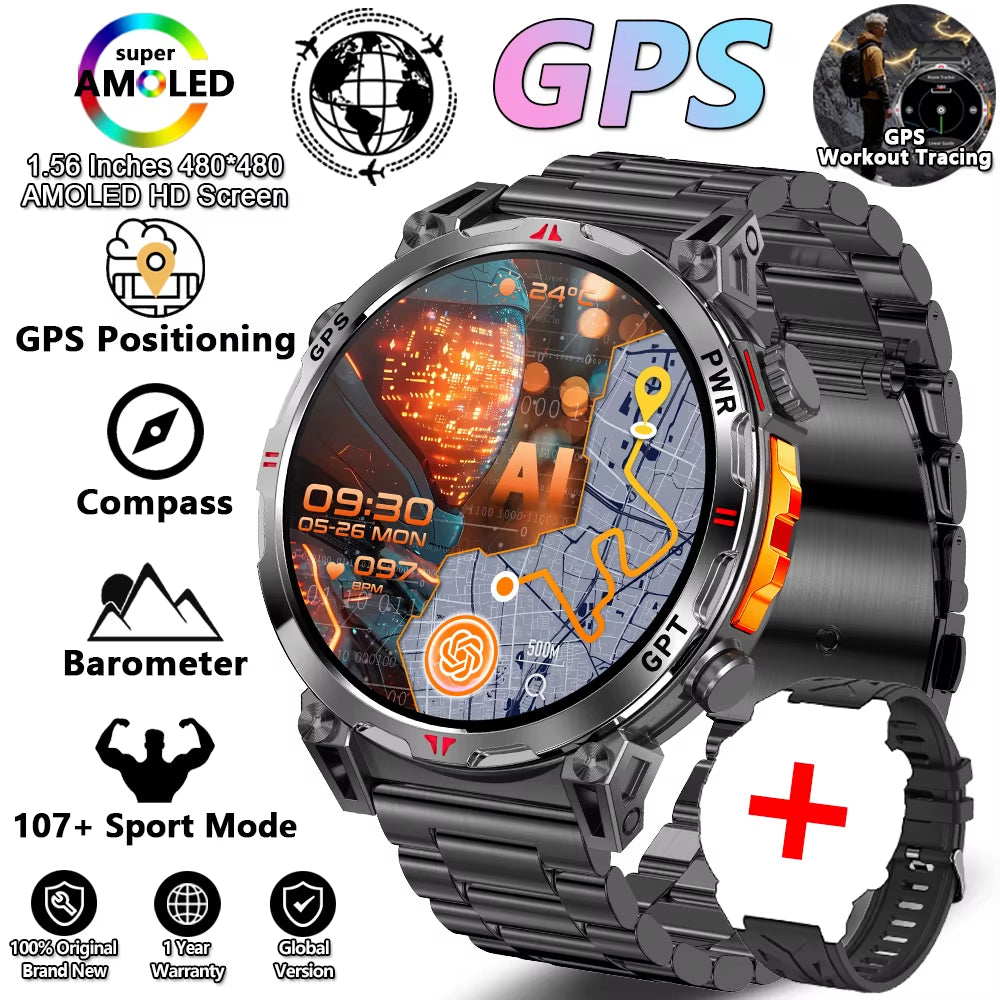 2026 New Outdoor Sports Smartwatch Men GPS Positioning 650Mah HD Call 1.56-Inch AMOLED Screen Compass 5ATM Waterproof Watch Man