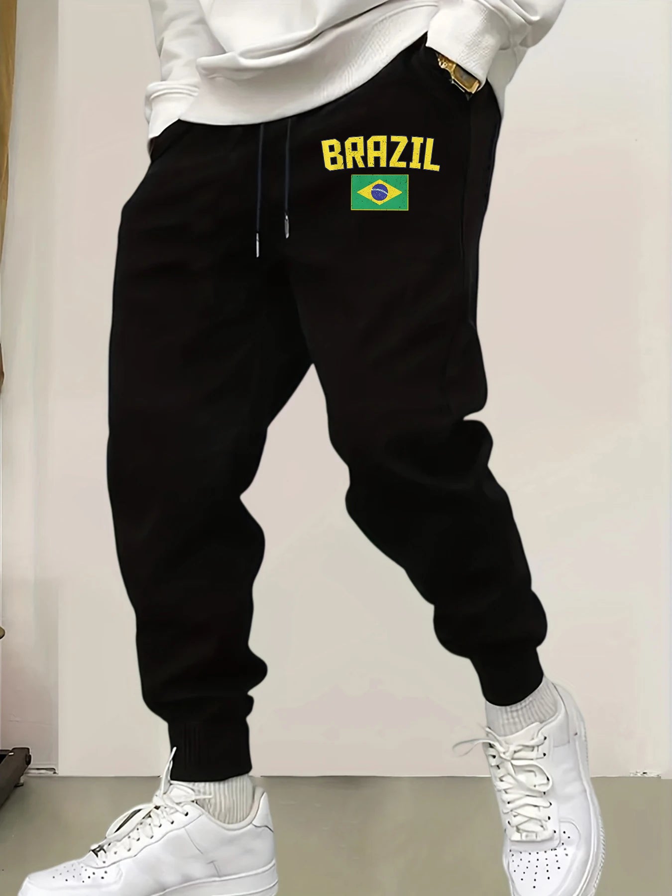 Brazil Letter and Flag Print Men Casual Jogging Pants Fleece Pocket Britches Autumn Fashion Sweatpants Warm Street Trousers