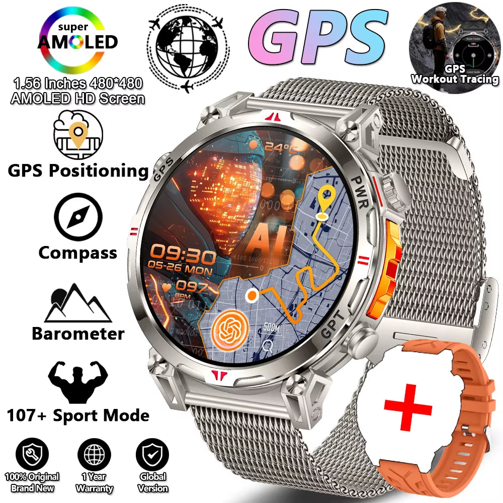 2026 New Outdoor Sports Smartwatch Men GPS Positioning 650Mah HD Call 1.56-Inch AMOLED Screen Compass 5ATM Waterproof Watch Man