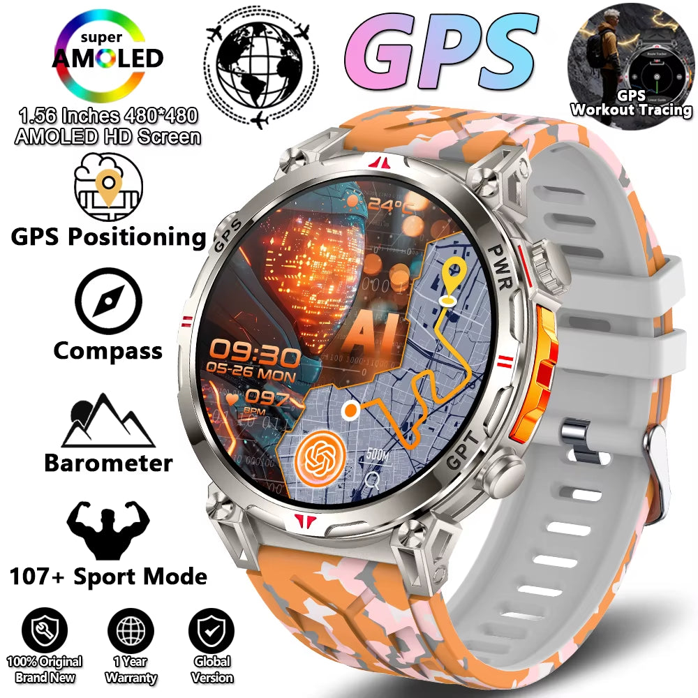 2026 New Outdoor Sports Smartwatch Men GPS Positioning 650Mah HD Call 1.56-Inch AMOLED Screen Compass 5ATM Waterproof Watch Man
