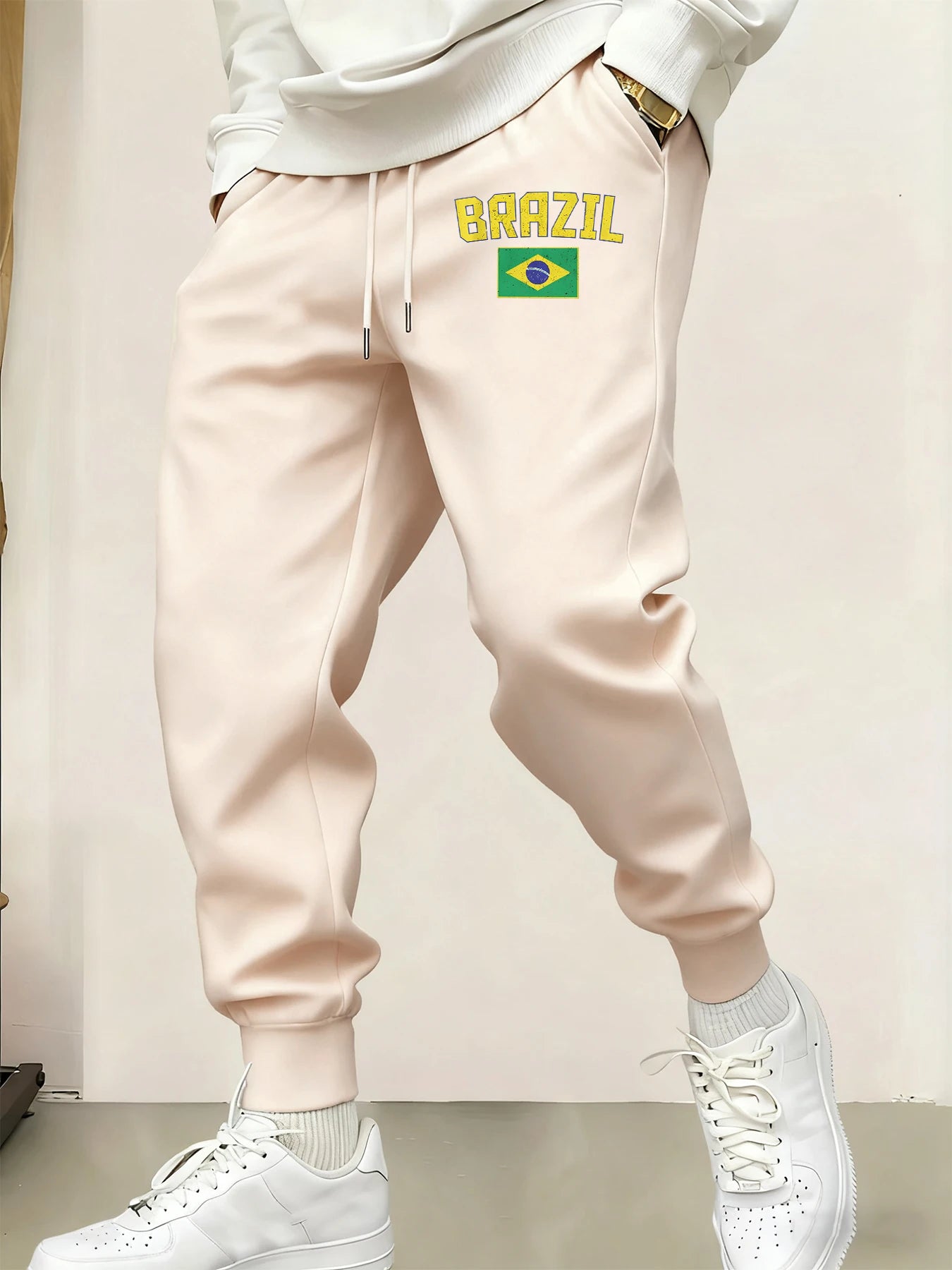 Brazil Letter and Flag Print Men Casual Jogging Pants Fleece Pocket Britches Autumn Fashion Sweatpants Warm Street Trousers