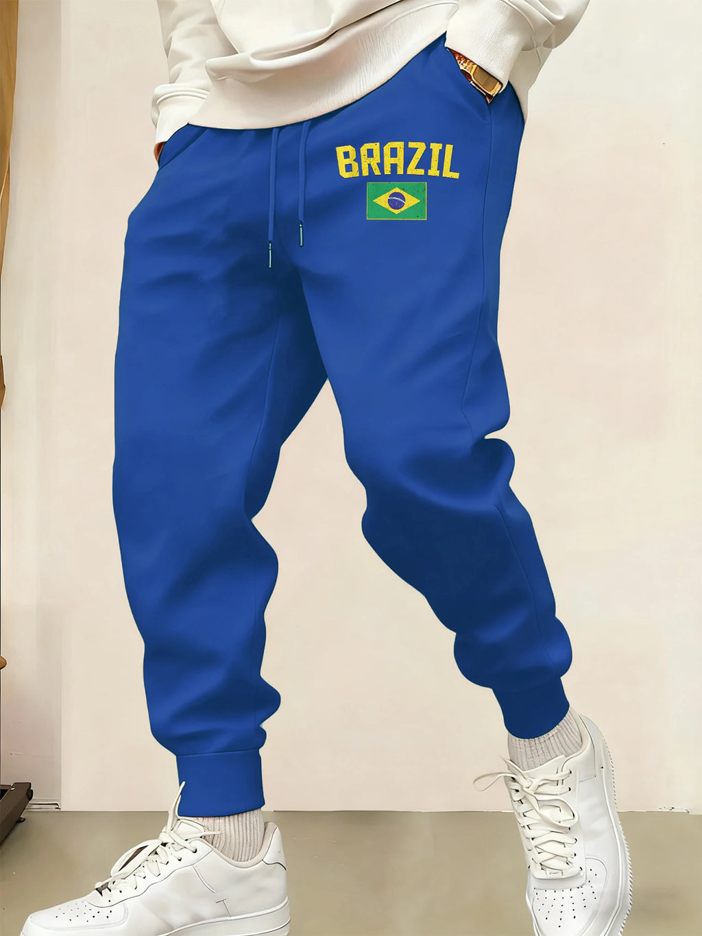 Brazil Letter and Flag Print Men Casual Jogging Pants Fleece Pocket Britches Autumn Fashion Sweatpants Warm Street Trousers