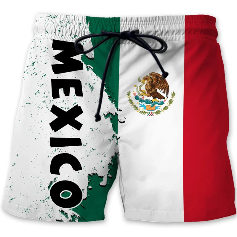 Mexican Flag Emblem Quick Drying Board Shorts Men Mexico Stripe Symbol Drawstring Summer Fashion Streetwear Swim Beach Shorts