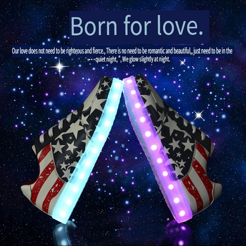 Patriotic Flag Shoes for Men Women Sneakers USA America Fashion LED Unisex Light up Luminous Flashing USB Charging Lace Up