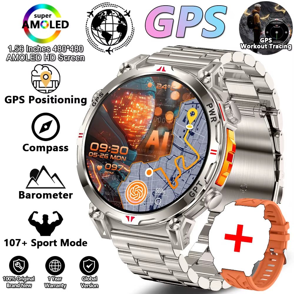 2026 New Outdoor Sports Smartwatch Men GPS Positioning 650Mah HD Call 1.56-Inch AMOLED Screen Compass 5ATM Waterproof Watch Man