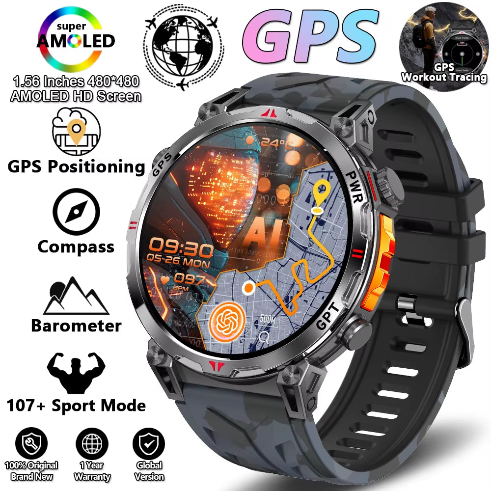 2026 New Outdoor Sports Smartwatch Men GPS Positioning 650Mah HD Call 1.56-Inch AMOLED Screen Compass 5ATM Waterproof Watch Man