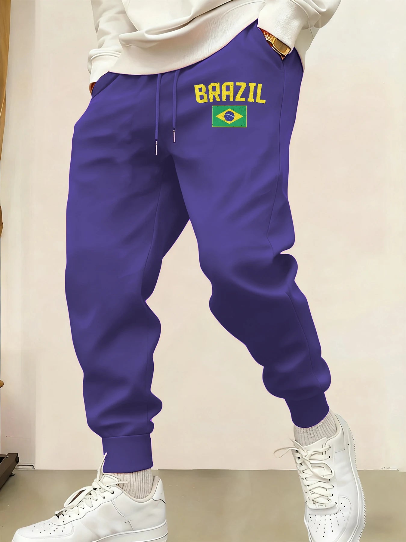 Brazil Letter and Flag Print Men Casual Jogging Pants Fleece Pocket Britches Autumn Fashion Sweatpants Warm Street Trousers