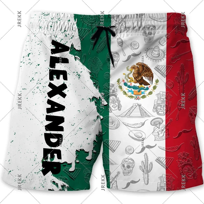 Mexican Flag Emblem Quick Drying Board Shorts Men Mexico Stripe Symbol Drawstring Summer Fashion Streetwear Swim Beach Shorts