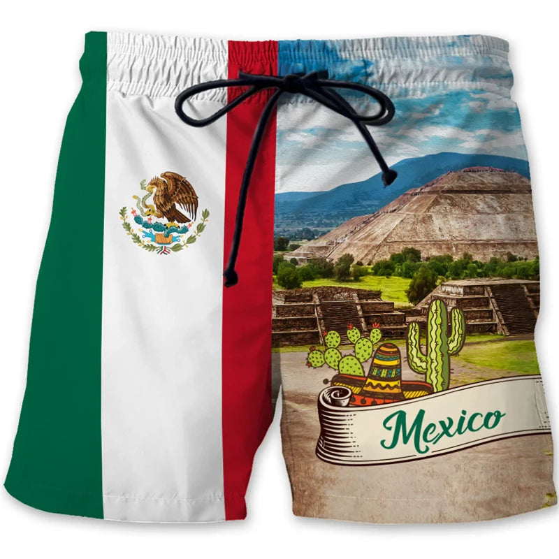 Mexican Flag Emblem Quick Drying Board Shorts Men Mexico Stripe Symbol Drawstring Summer Fashion Streetwear Swim Beach Shorts