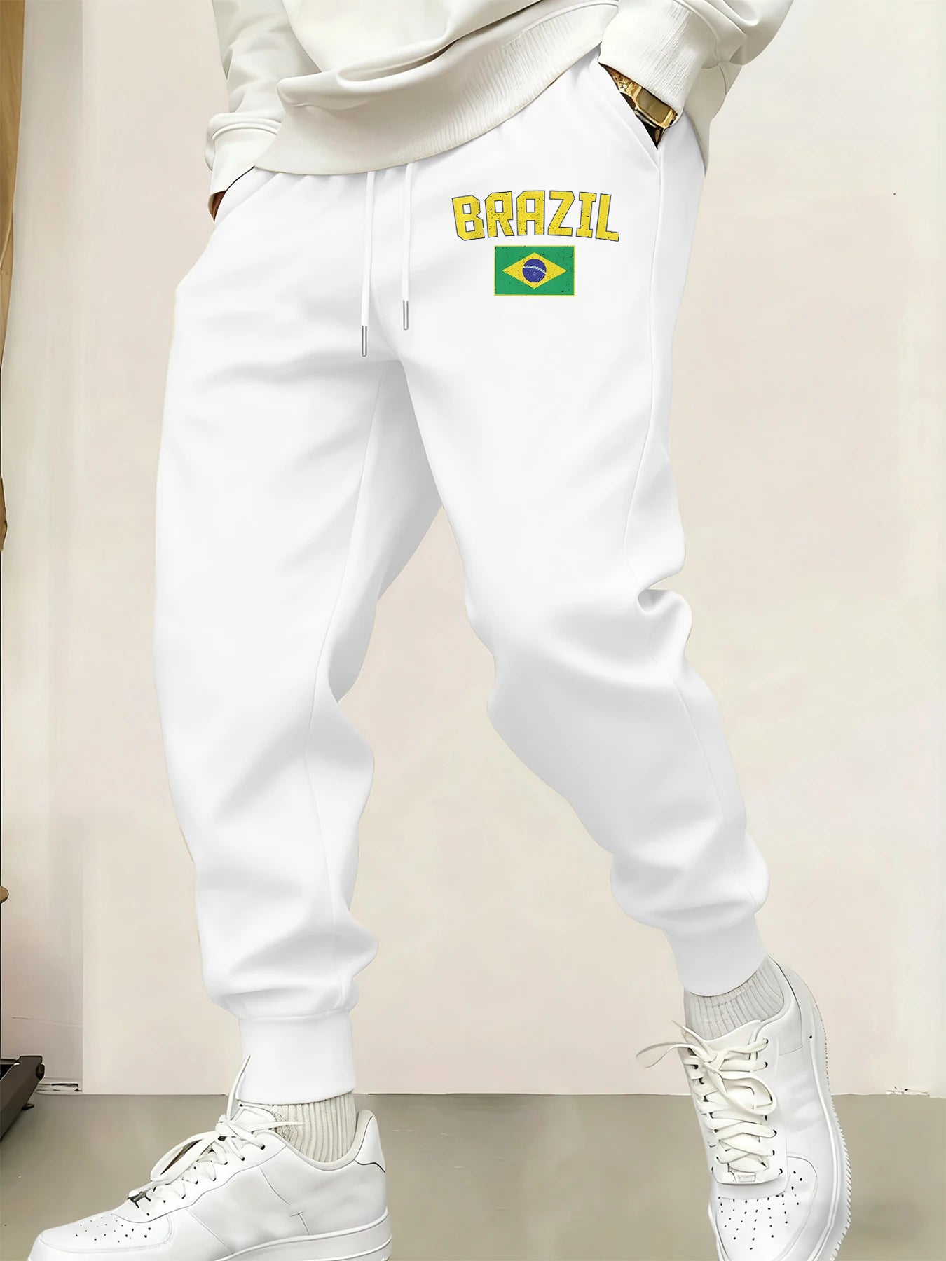Brazil Letter and Flag Print Men Casual Jogging Pants Fleece Pocket Britches Autumn Fashion Sweatpants Warm Street Trousers