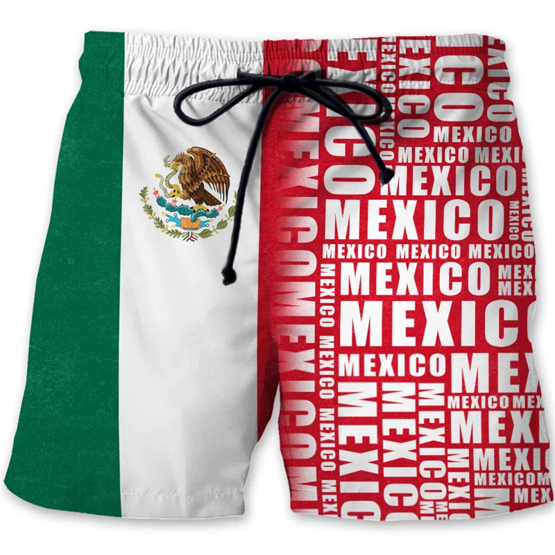 Mexican Flag Emblem Quick Drying Board Shorts Men Mexico Stripe Symbol Drawstring Summer Fashion Streetwear Swim Beach Shorts