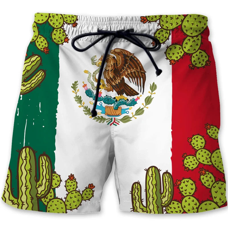 Mexican Flag Emblem Quick Drying Board Shorts Men Mexico Stripe Symbol Drawstring Summer Fashion Streetwear Swim Beach Shorts