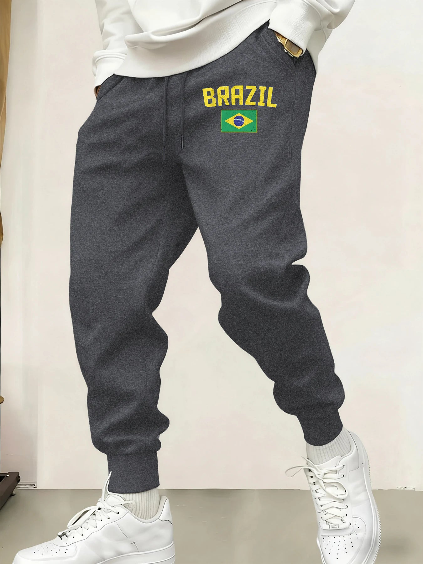 Brazil Letter and Flag Print Men Casual Jogging Pants Fleece Pocket Britches Autumn Fashion Sweatpants Warm Street Trousers