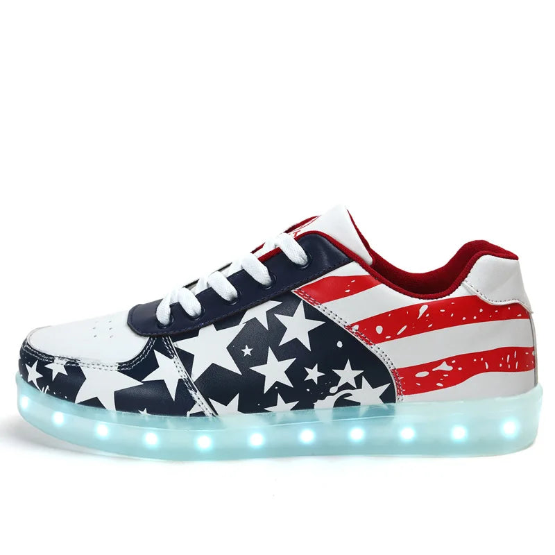 Patriotic Flag Shoes for Men Women Sneakers USA America Fashion LED Unisex Light up Luminous Flashing USB Charging Lace Up