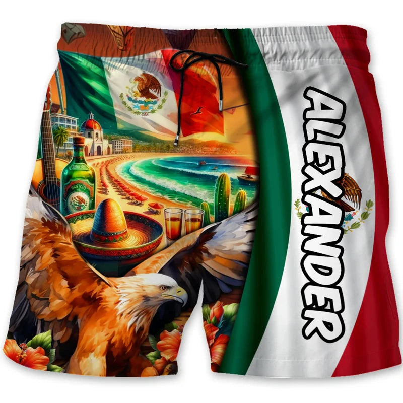 Mexican Flag Emblem Quick Drying Board Shorts Men Mexico Stripe Symbol Drawstring Summer Fashion Streetwear Swim Beach Shorts